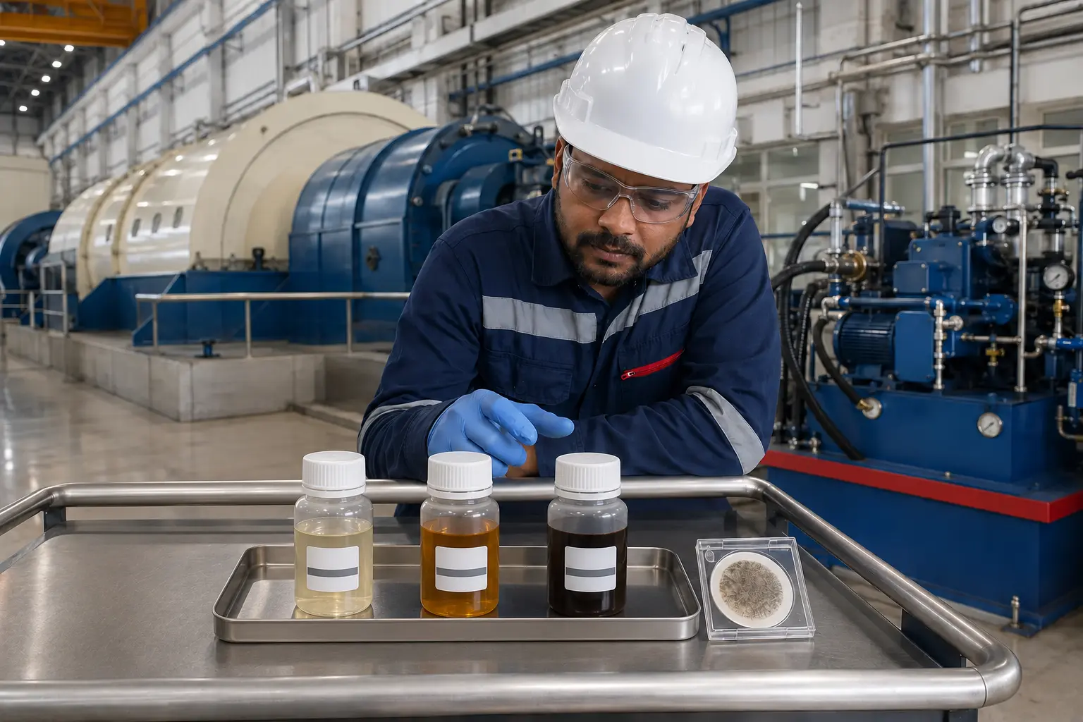 Power generation turbine and auxiliary machinery represented in a fluid condition monitoring programme