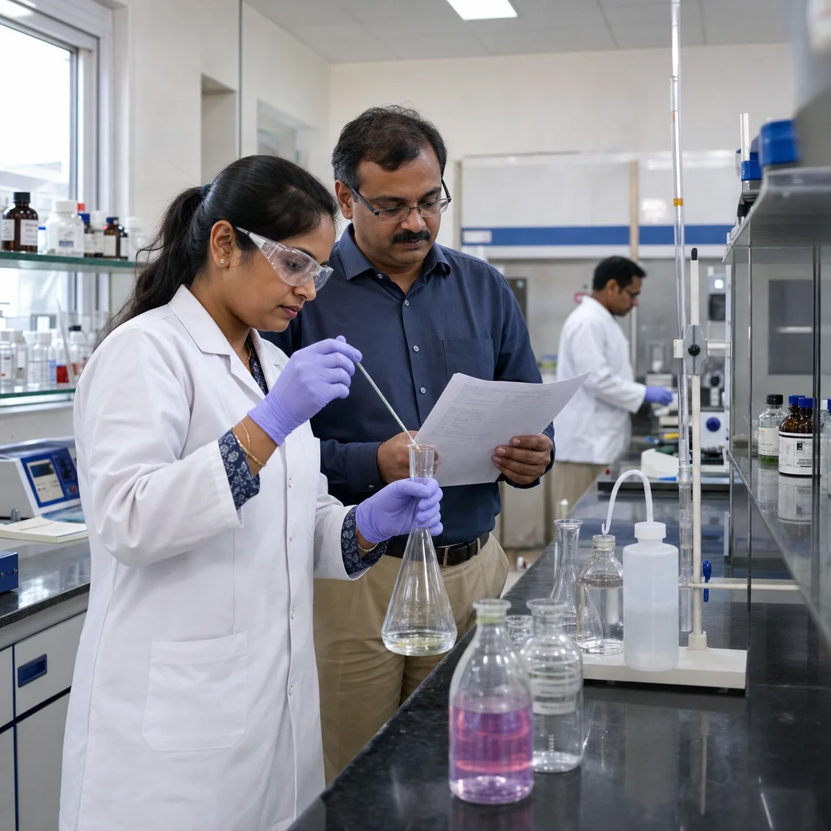 Indian Chem-Tech laboratory analyst preparing a sample during technical review