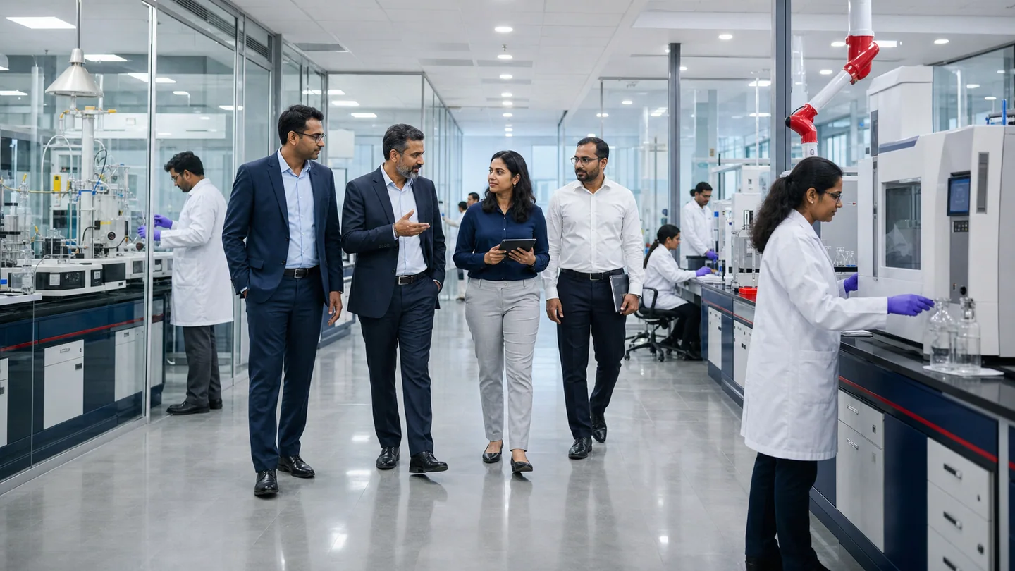Indian technical and laboratory teams collaborating inside an analytical facility