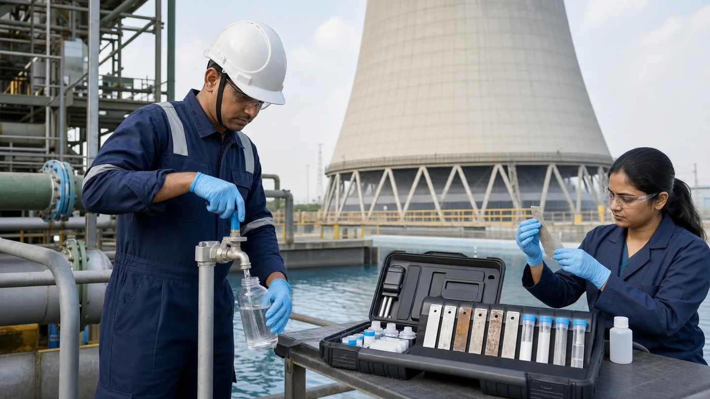 Indian water-treatment engineer collecting a sample beside an industrial cooling tower