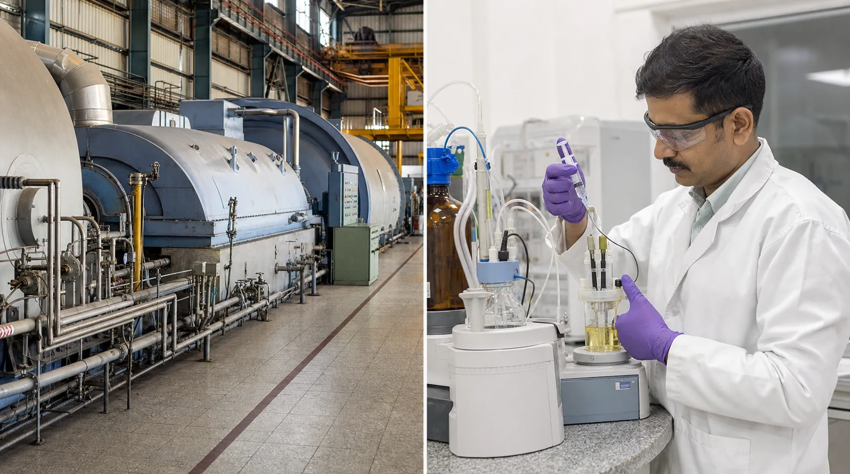 Steam turbine generator hall beside turbine-oil water-content analysis
