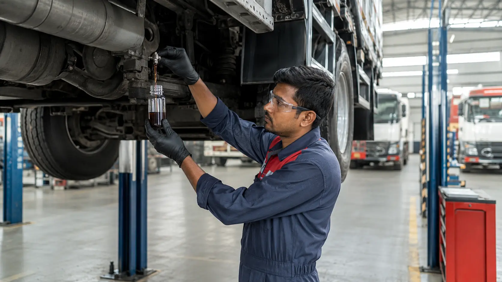 Automotive diagnostic technician collecting engine oil from a dedicated sampling point