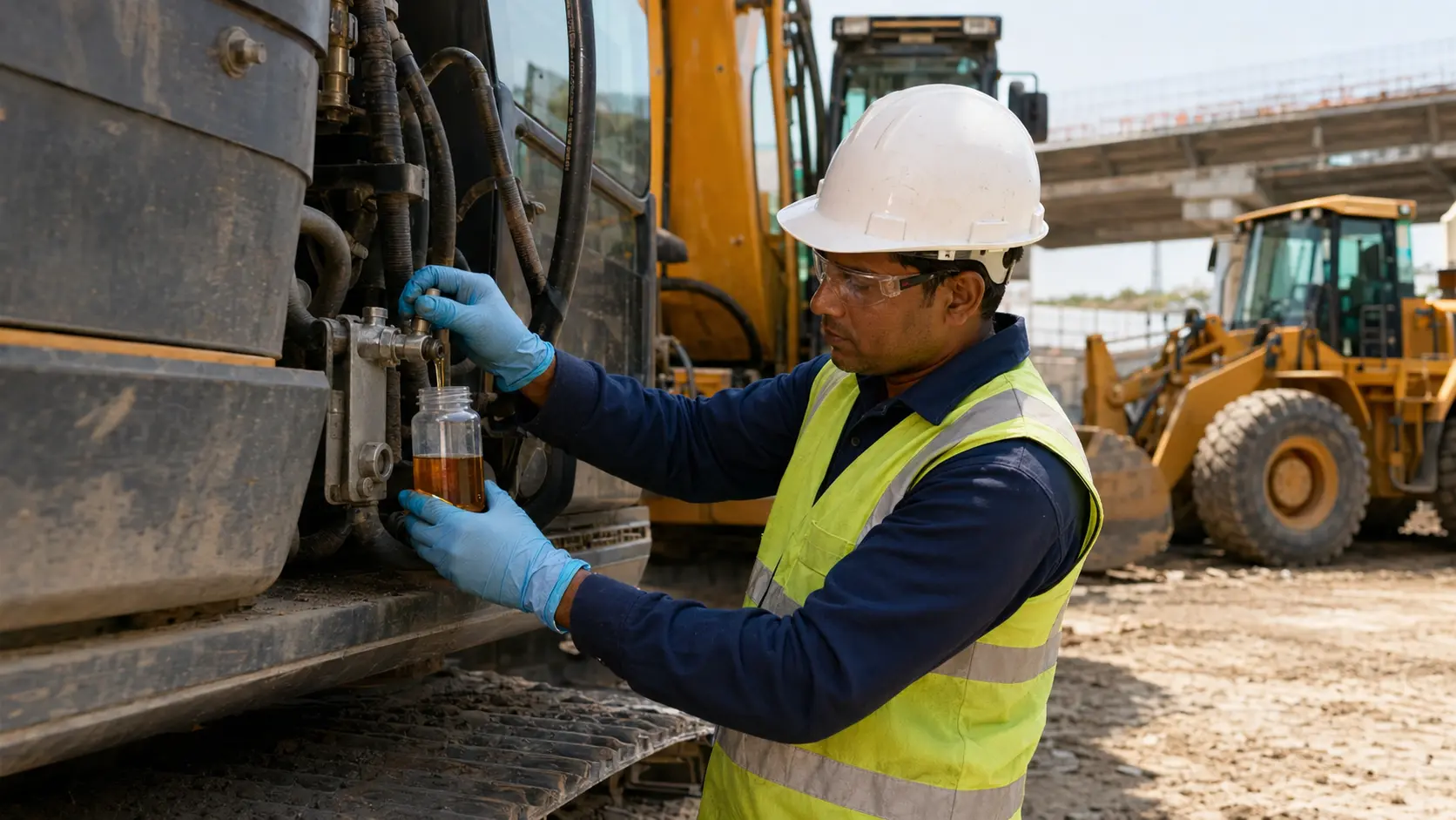 Construction machinery technician collecting hydraulic oil from an excavator sampling port