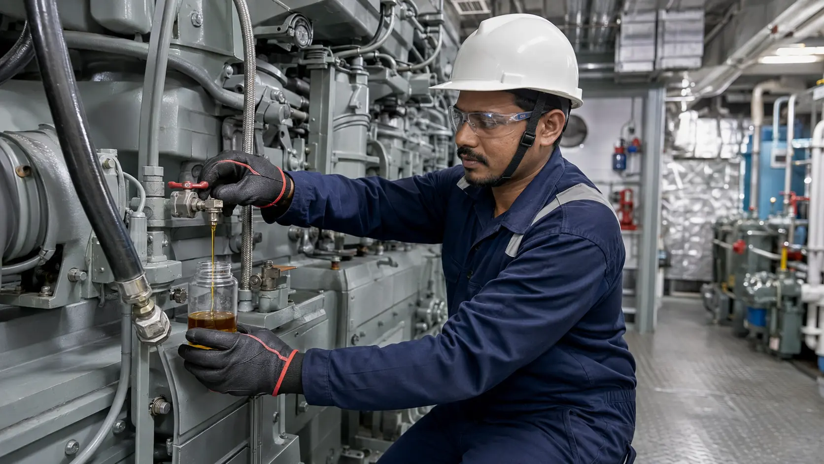 Marine engineer collecting lubricating oil from a dedicated valve in a vessel engine room
