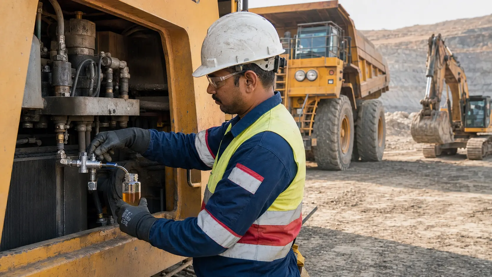 Mining maintenance engineer collecting a controlled lubricant sample from heavy equipment