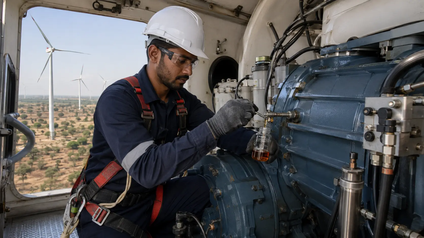 Wind turbine technician collecting gearbox lubricant inside a nacelle
