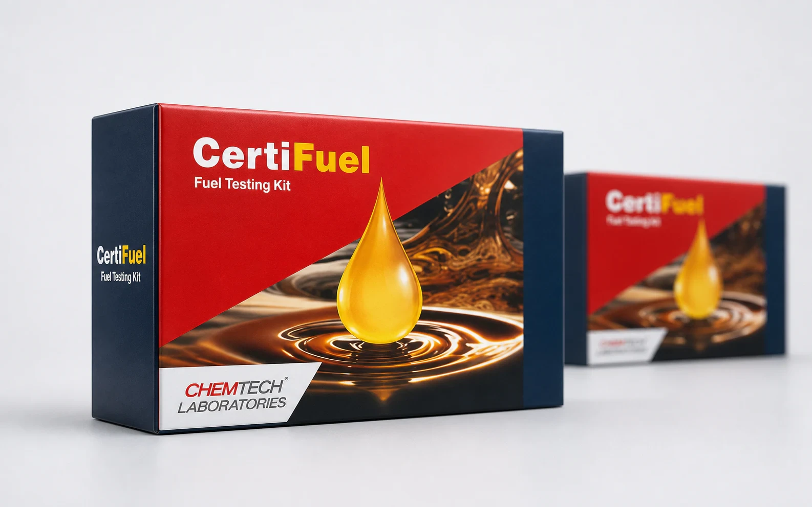 CertiFuel Fuel Testing Kit carton in red and navy packaging